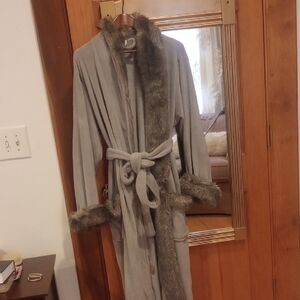 Pottery Barn Gray Robe with Faux Fur Trim